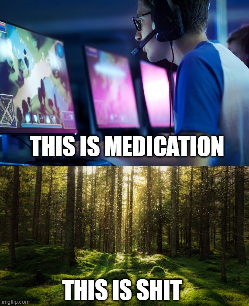 Fresh air worshippers | THIS IS MEDICATION; THIS IS SHIT | image tagged in gaming,fresh air worshippers | made w/ Imgflip meme maker