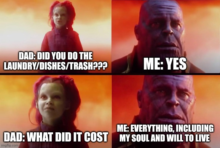 When chores drain your soul | DAD: DID YOU DO THE LAUNDRY/DISHES/TRASH??? ME: YES; DAD: WHAT DID IT COST; ME: EVERYTHING, INCLUDING MY SOUL AND WILL TO LIVE | image tagged in thanos what did it cost | made w/ Imgflip meme maker