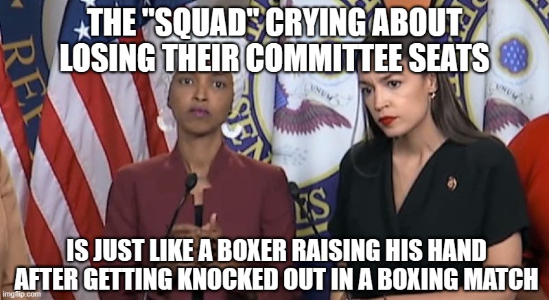 Ilhan Omar |  THE "SQUAD" CRYING ABOUT LOSING THEIR COMMITTEE SEATS; IS JUST LIKE A BOXER RAISING HIS HAND AFTER GETTING KNOCKED OUT IN A BOXING MATCH | image tagged in ilhan omar | made w/ Imgflip meme maker