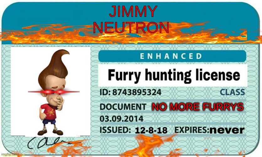 furry hunting license | JIMMY NEUTRON; NO MORE FURRYS | image tagged in furry hunting license | made w/ Imgflip meme maker