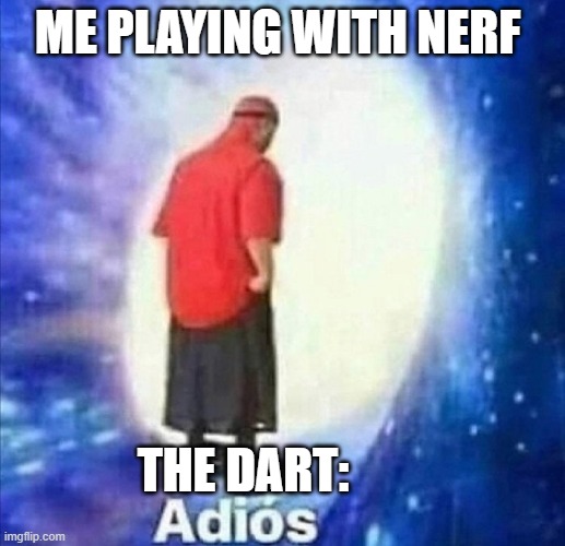 the nerf dart: | ME PLAYING WITH NERF; THE DART: | image tagged in adios | made w/ Imgflip meme maker