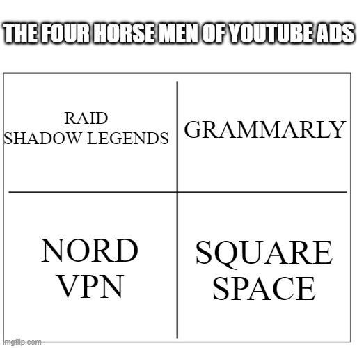 4 Square Grid | THE FOUR HORSE MEN OF YOUTUBE ADS; RAID SHADOW LEGENDS; GRAMMARLY; NORD VPN; SQUARE SPACE | image tagged in 4 square grid | made w/ Imgflip meme maker