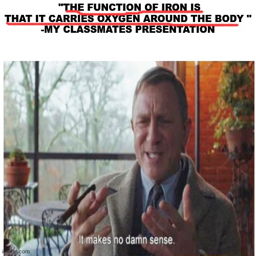 The grammar is killing me | "THE FUNCTION OF IRON IS THAT IT CARRIES OXYGEN AROUND THE BODY "
-MY CLASSMATES PRESENTATION | image tagged in dumb | made w/ Imgflip meme maker