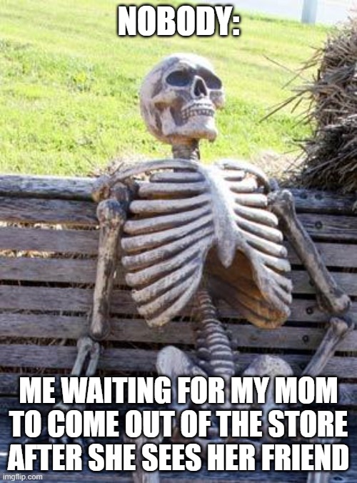 Waiting Skeleton Meme | NOBODY:; ME WAITING FOR MY MOM TO COME OUT OF THE STORE AFTER SHE SEES HER FRIEND | image tagged in memes,waiting skeleton | made w/ Imgflip meme maker