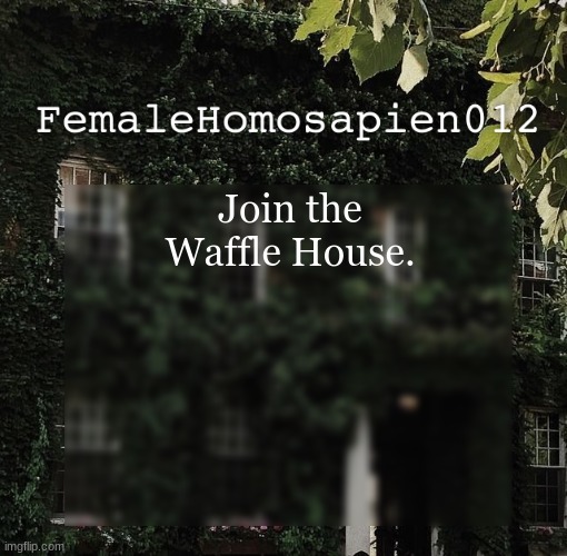 FemaleHomosapien012 | Join the Waffle House. | image tagged in femalehomosapien012 | made w/ Imgflip meme maker