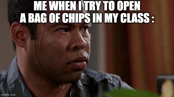 This happens everytime | ME WHEN I TRY TO OPEN A BAG OF CHIPS IN MY CLASS : | image tagged in sweating bullets | made w/ Imgflip meme maker