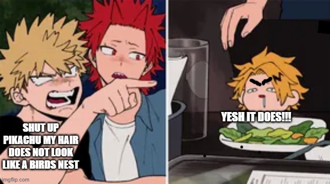 birds nest | YESH IT DOES!!! SHUT UP PIKACHU MY HAIR DOES NOT LOOK LIKE A BIRDS NEST | image tagged in bakugo yelling at denki | made w/ Imgflip meme maker
