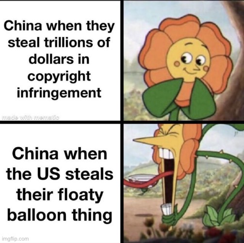 image tagged in china,united states,repost,cuphead flower,memes,funny | made w/ Imgflip meme maker
