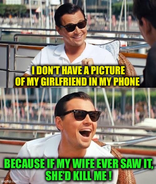 Don’t try this at home :-) | I DON’T HAVE A PICTURE OF MY GIRLFRIEND IN MY PHONE; BECAUSE IF MY WIFE EVER SAW IT,
SHE’D KILL ME ! | image tagged in memes,leonardo dicaprio wolf of wall street | made w/ Imgflip meme maker