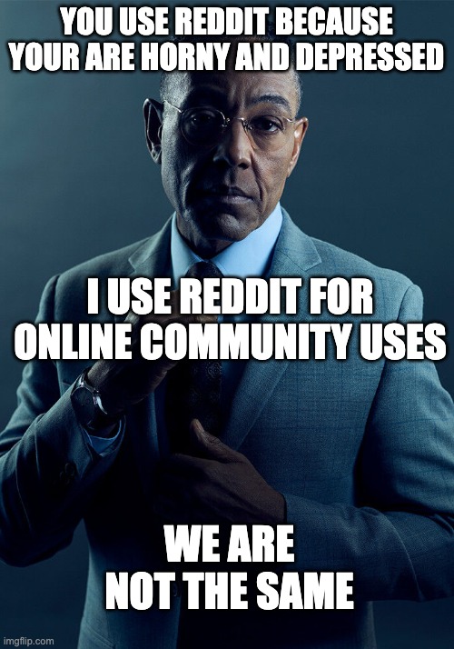 Reddit | YOU USE REDDIT BECAUSE YOUR ARE HORNY AND DEPRESSED; I USE REDDIT FOR ONLINE COMMUNITY USES; WE ARE NOT THE SAME | image tagged in gus fring we are not the same | made w/ Imgflip meme maker