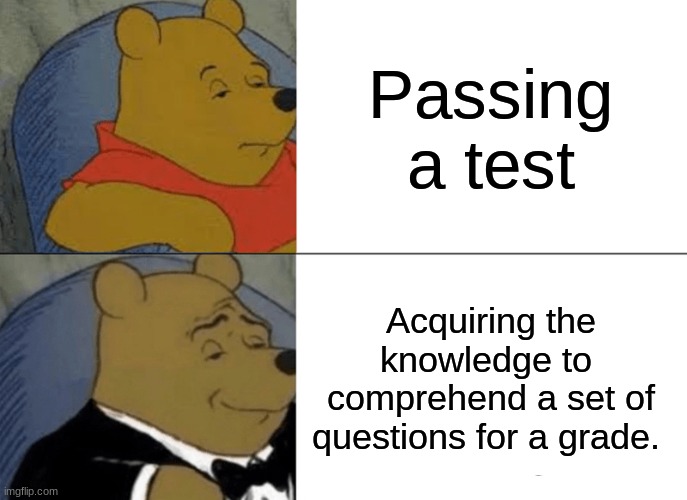 to anyone who has a test today, good luck. | Passing a test; Acquiring the knowledge to  comprehend a set of questions for a grade. | image tagged in memes,tuxedo winnie the pooh,tests,funny,hilarious | made w/ Imgflip meme maker