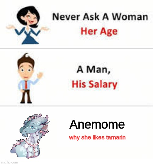 never ask anemone why she's gay | Anemome; why she likes tamarin | image tagged in never ask a woman her age | made w/ Imgflip meme maker