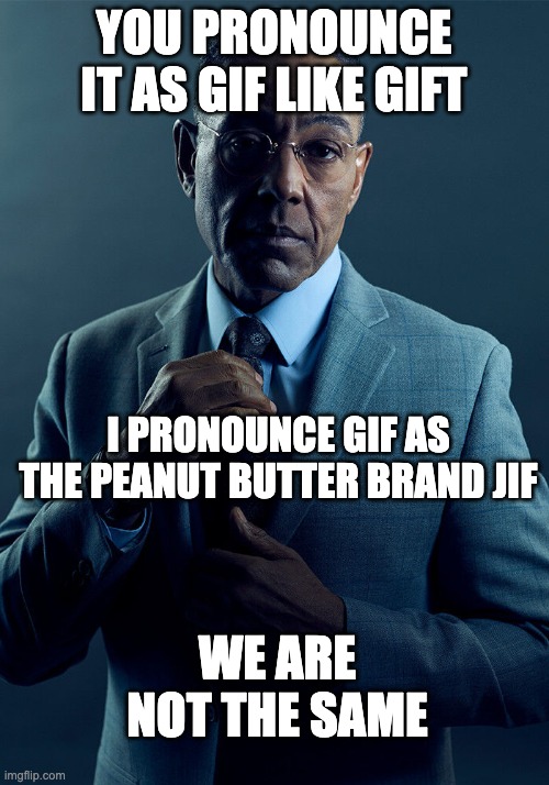 JIf or GIF | YOU PRONOUNCE IT AS GIF LIKE GIFT; I PRONOUNCE GIF AS THE PEANUT BUTTER BRAND JIF; WE ARE NOT THE SAME | image tagged in gus fring we are not the same | made w/ Imgflip meme maker
