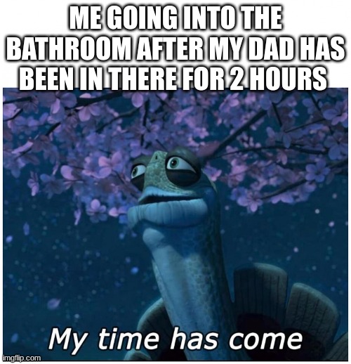 Master Oogway my time has come | ME GOING INTO THE BATHROOM AFTER MY DAD HAS BEEN IN THERE FOR 2 HOURS | image tagged in master oogway my time has come | made w/ Imgflip meme maker