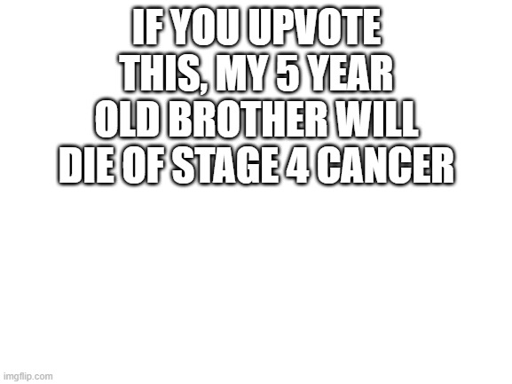 i mean you can | IF YOU UPVOTE THIS, MY 5 YEAR OLD BROTHER WILL DIE OF STAGE 4 CANCER | image tagged in blank white template,funny,memes,cancer,little kid,why | made w/ Imgflip meme maker
