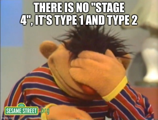 Face palm Ernie  | THERE IS NO "STAGE 4", IT'S TYPE 1 AND TYPE 2 | image tagged in face palm ernie | made w/ Imgflip meme maker