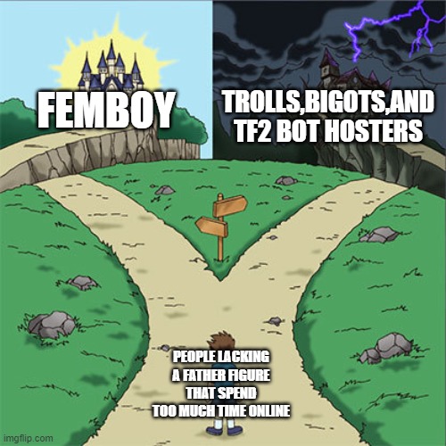 Two Paths | TROLLS,BIGOTS,AND TF2 BOT HOSTERS; FEMBOY; PEOPLE LACKING A FATHER FIGURE THAT SPEND TOO MUCH TIME ONLINE | image tagged in two paths | made w/ Imgflip meme maker