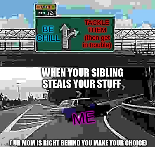 Left Exit 12 Off Ramp | BE CHILL; TACKLE THEM (then get in trouble); WHEN YOUR SIBLING STEALS YOUR STUFF; ME; ( UR MOM IS RIGHT BEHIND YOU MAKE YOUR CHOICE) | image tagged in memes,left exit 12 off ramp | made w/ Imgflip meme maker