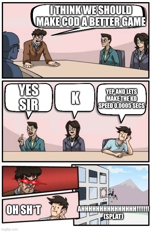 The meeting | I THINK WE SHOULD MAKE COD A BETTER GAME; YES
SIR; YEP AND LETS MAKE THE KD SPEED 0.0005 SECS; K; OH SH*T; AHHHHHHHHHHHHHHH!!!!!!!

(SPLAT) | image tagged in bord room meeting | made w/ Imgflip meme maker