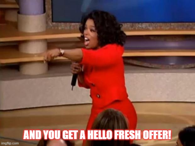 Oprah Hello Fresh | AND YOU GET A HELLO FRESH OFFER! | image tagged in oprah - you get a car | made w/ Imgflip meme maker