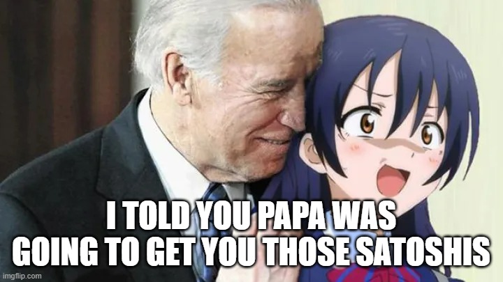 Joe Satoshi | I TOLD YOU PAPA WAS GOING TO GET YOU THOSE SATOSHIS | image tagged in cryptocurrency | made w/ Imgflip meme maker