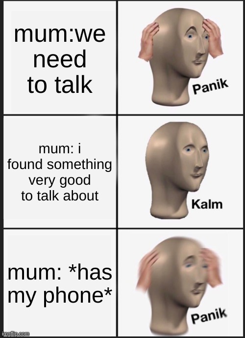 PANIK MY DUDE | mum:we need to talk; mum: i found something very good to talk about; mum: *has my phone* | image tagged in memes,panik kalm panik | made w/ Imgflip meme maker