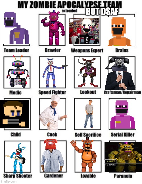 OKAY THIS TOOK FOREVER BUT I RE-MADE IT SPORTSYS | BUT DSAF | image tagged in zombie apocalypse team extended | made w/ Imgflip meme maker