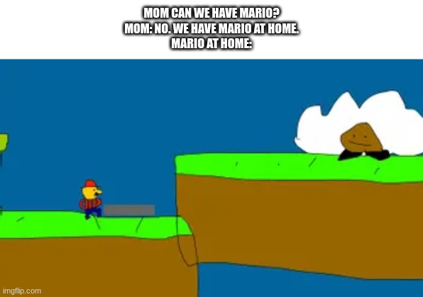 MOM CAN WE HAVE MARIO?
MOM: NO. WE HAVE MARIO AT HOME.
MARIO AT HOME: | made w/ Imgflip meme maker