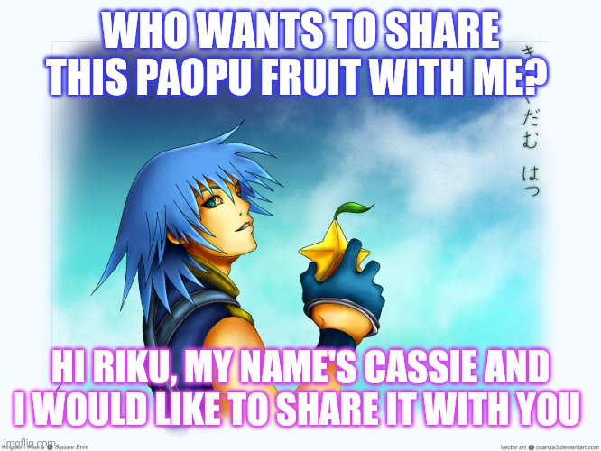 Sharing a paopu fruit | WHO WANTS TO SHARE THIS PAOPU FRUIT WITH ME? HI RIKU, MY NAME'S CASSIE AND I WOULD LIKE TO SHARE IT WITH YOU | image tagged in riku kingdom hearts other worlds quote | made w/ Imgflip meme maker
