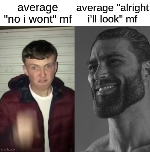 average "no i wont" mf average "alright i'll look" mf | image tagged in average fan vs average enjoyer | made w/ Imgflip meme maker