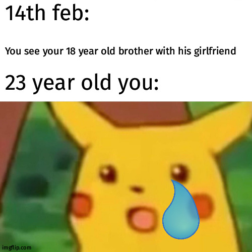 :() | 14th feb:; You see your 18 year old brother with his girlfriend; 23 year old you: | image tagged in memes,surprised pikachu | made w/ Imgflip meme maker