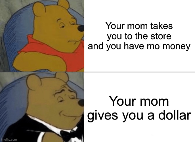 Tuxedo Winnie The Pooh | Your mom takes you to the store and you have mo money; Your mom gives you a dollar | image tagged in memes,tuxedo winnie the pooh | made w/ Imgflip meme maker