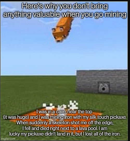 fox jumping into lava | Here's why you don't bring anything valuable when you go mining; I was in a cave, near the top 
(it was huge) and I was mining iron with my silk touch pickaxe. When suddenly a skeleton shot me off the edge, I fell and died right next to a lava pool. I am lucky my pickaxe didn't land in it, but I lost all of the iron. | image tagged in fox jumping into lava | made w/ Imgflip meme maker
