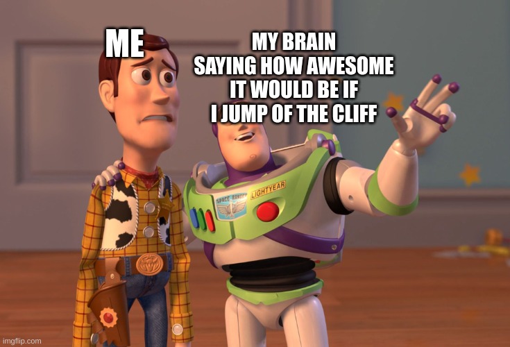 X, X Everywhere | MY BRAIN SAYING HOW AWESOME IT WOULD BE IF I JUMP OF THE CLIFF; ME | image tagged in memes,x x everywhere | made w/ Imgflip meme maker