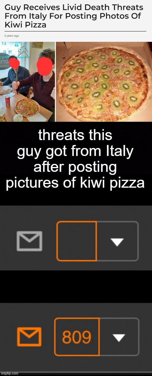I fixed a typo before submitting this | threats this guy got from Italy after posting pictures of kiwi pizza | image tagged in 1 notification vs 809 notifications with message,memes,italy | made w/ Imgflip meme maker
