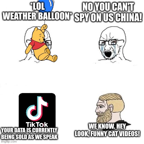 Girls vs boys | NO YOU CAN'T SPY ON US CHINA! *LOL WEATHER BALLOON*; WE KNOW. HEY LOOK, FUNNY CAT VIDEOS! YOUR DATA IS CURRENTLY BEING SOLD AS WE SPEAK | image tagged in girls vs boys | made w/ Imgflip meme maker