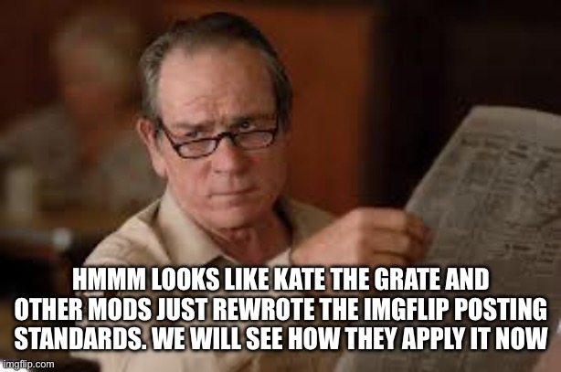 no country for old men tommy lee jones | HMMM LOOKS LIKE KATE THE GRATE AND OTHER MODS JUST REWROTE THE IMGFLIP POSTING STANDARDS. WE WILL SEE HOW THEY APPLY IT NOW | image tagged in no country for old men tommy lee jones | made w/ Imgflip meme maker