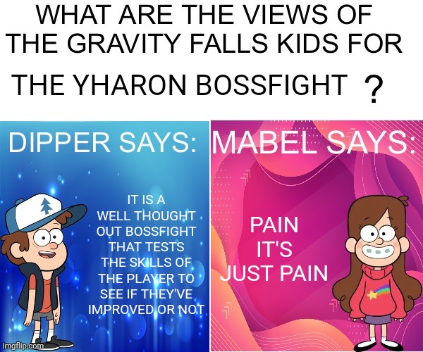 Since everyone is using this template | THE YHARON BOSSFIGHT; PAIN IT'S JUST PAIN; IT IS A WELL THOUGHT OUT BOSSFIGHT THAT TESTS THE SKILLS OF THE PLAYER TO SEE IF THEY'VE IMPROVED OR NOT | image tagged in dipper/mabel says | made w/ Imgflip meme maker