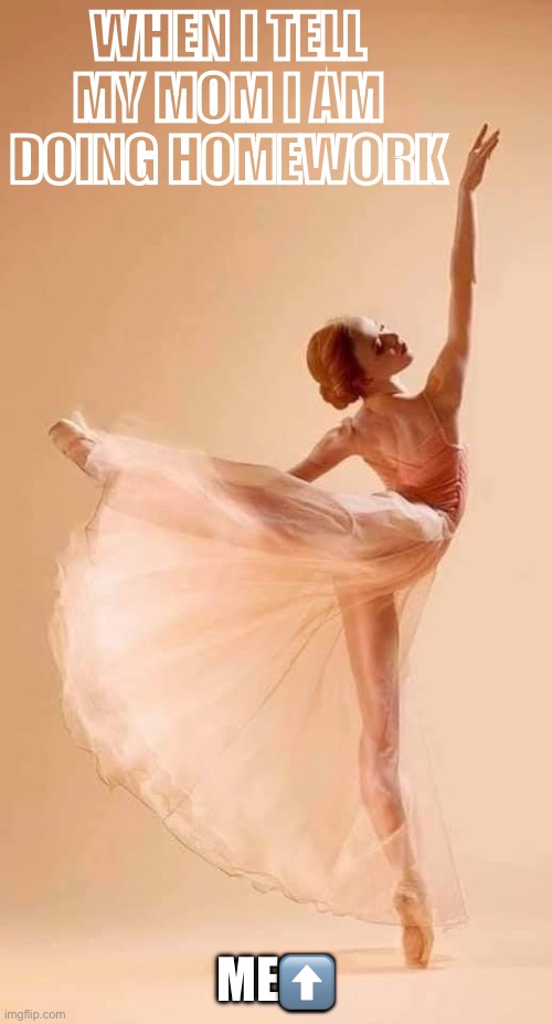 Ballet dancer | WHEN I TELL MY MOM I AM DOING HOMEWORK; ME⬆️ | image tagged in ballet dancer | made w/ Imgflip meme maker