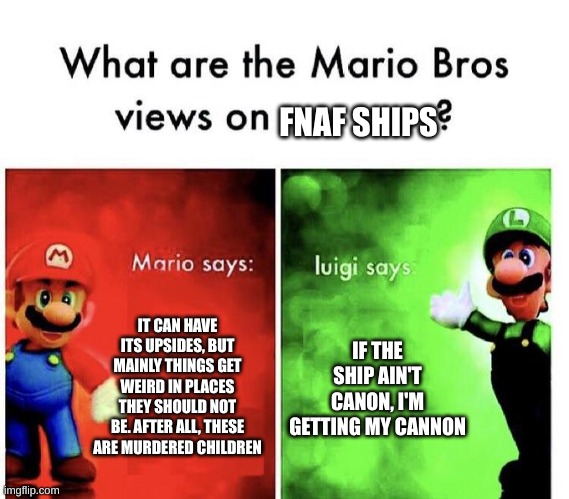fnaf ships. | FNAF SHIPS; IT CAN HAVE ITS UPSIDES, BUT MAINLY THINGS GET WEIRD IN PLACES THEY SHOULD NOT BE. AFTER ALL, THESE ARE MURDERED CHILDREN; IF THE SHIP AIN'T CANON, I'M GETTING MY CANNON | image tagged in mario bros views | made w/ Imgflip meme maker