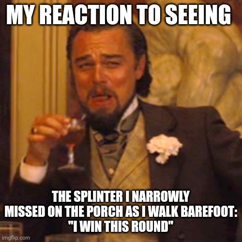 When you walk on a splintery porch barefoot | MY REACTION TO SEEING; THE SPLINTER I NARROWLY MISSED ON THE PORCH AS I WALK BAREFOOT:
"I WIN THIS ROUND" | image tagged in memes,laughing leo | made w/ Imgflip meme maker