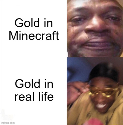 True tho | Gold in Minecraft; Gold in real life | image tagged in sad happy | made w/ Imgflip meme maker