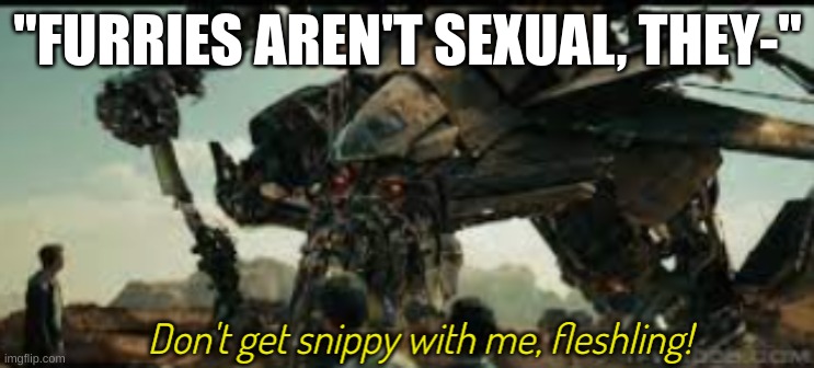 In some cases they actually are not, but these are exceptions | "FURRIES AREN'T SEXUAL, THEY-" | image tagged in jetfire don't get snippy with me fleshling | made w/ Imgflip meme maker