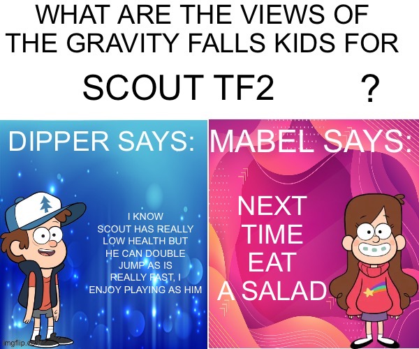 Think fast chucklenuts | SCOUT TF2; NEXT TIME EAT A SALAD; I KNOW SCOUT HAS REALLY LOW HEALTH BUT HE CAN DOUBLE JUMP AS IS REALLY FAST, I ENJOY PLAYING AS HIM | image tagged in dipper/mabel says | made w/ Imgflip meme maker