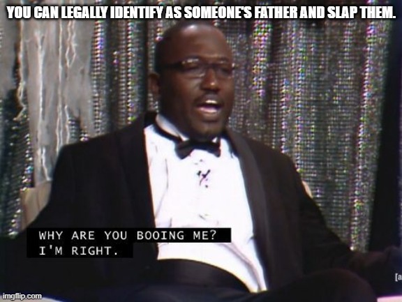 :) |  YOU CAN LEGALLY IDENTIFY AS SOMEONE'S FATHER AND SLAP THEM. | image tagged in why are you booing me i'm right,true | made w/ Imgflip meme maker