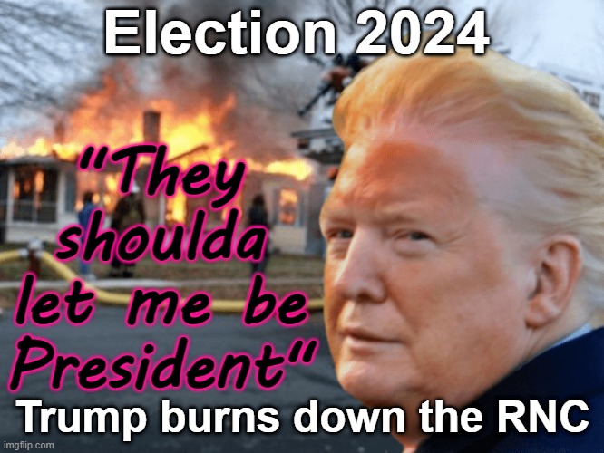 Election 2024 - Trump burns down Republican Party | Election 2024; "They shoulda let me be President"; Trump burns down the RNC | image tagged in republican,trump,election,narcissist,vote | made w/ Imgflip meme maker