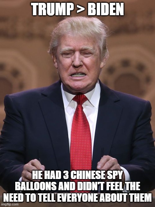 Greatest Ever | TRUMP > BIDEN; HE HAD 3 CHINESE SPY BALLOONS AND DIDN'T FEEL THE NEED TO TELL EVERYONE ABOUT THEM | image tagged in donald trump,china,biden,balloon | made w/ Imgflip meme maker
