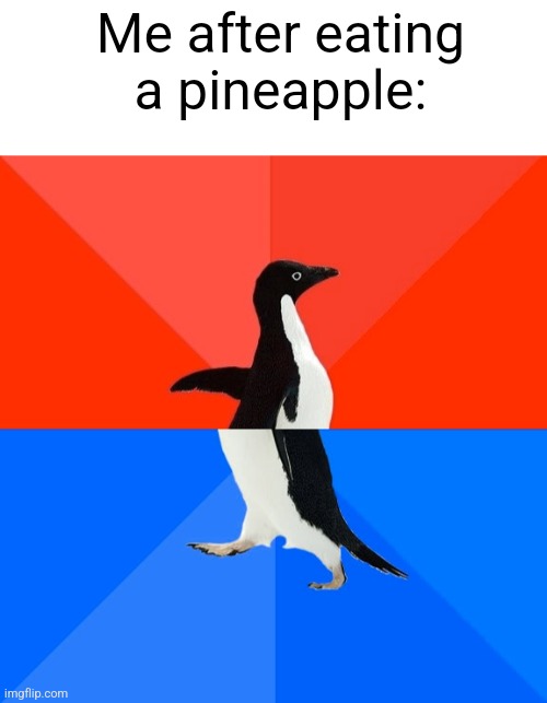 P i n e a p p l e | Me after eating a pineapple: | image tagged in memes,socially awesome awkward penguin,pineapple | made w/ Imgflip meme maker