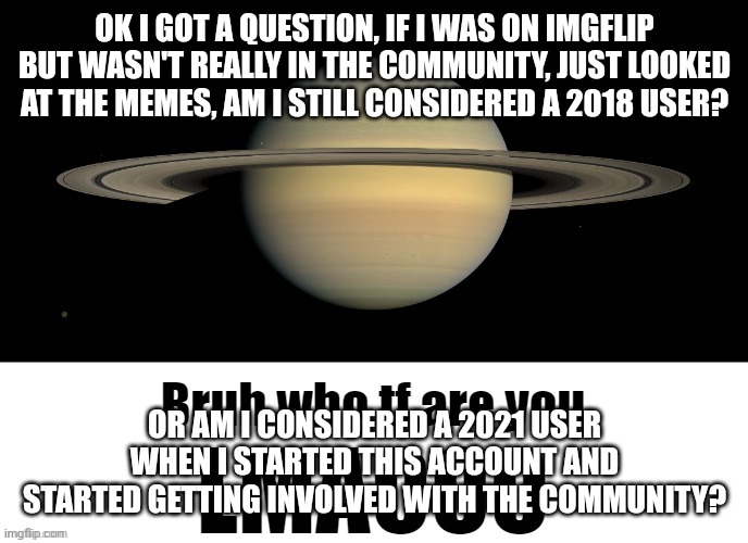 NUH UH!! | OK I GOT A QUESTION, IF I WAS ON IMGFLIP BUT WASN'T REALLY IN THE COMMUNITY, JUST LOOKED AT THE MEMES, AM I STILL CONSIDERED A 2018 USER? OR AM I CONSIDERED A 2021 USER WHEN I STARTED THIS ACCOUNT AND STARTED GETTING INVOLVED WITH THE COMMUNITY? | image tagged in bruh who tf are you lmaooo | made w/ Imgflip meme maker