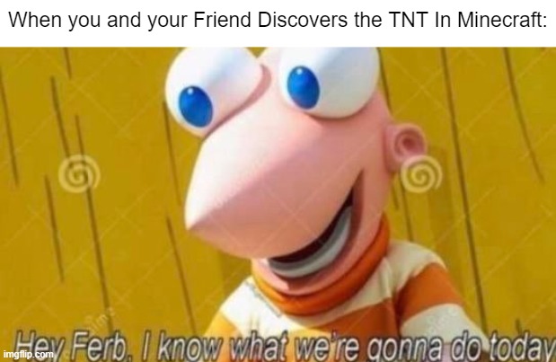 Village go boom boom | When you and your Friend Discovers the TNT In Minecraft: | image tagged in hey ferb,memes,gaming,funny,minecraft,tnt | made w/ Imgflip meme maker